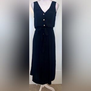 ROW A NWT midi sleeveless rayon dress in black with gold buttons, size small
